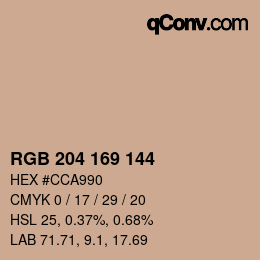 颜色代码: RGB 204 169 144 | qconv.com