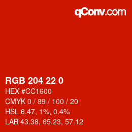 カラーコード: RGB 204 22 0 | qconv.com