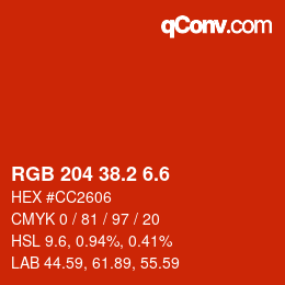 カラーコード: RGB 204 38.2 6.6 | qconv.com