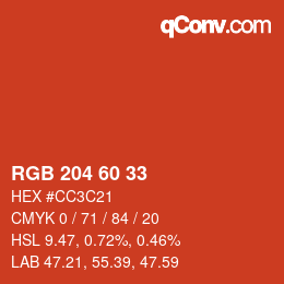 颜色代码: RGB 204 60 33 | qconv.com