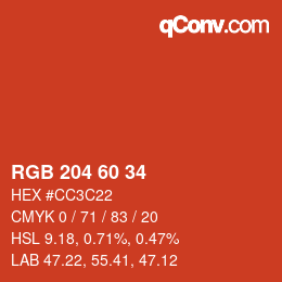 カラーコード: RGB 204 60 34 | qconv.com