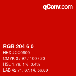 Color code: RGB 204 6 0 | qconv.com