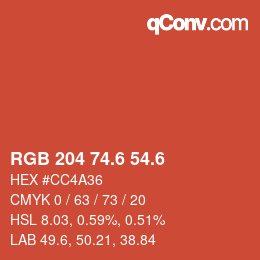 カラーコード: RGB 204 74.6 54.6 | qconv.com