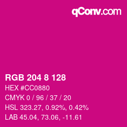 颜色代码: RGB 204 8 128 | qconv.com