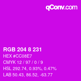 カラーコード: RGB 204 8 231 | qconv.com