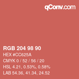 Color code: RGB 204 98 90 | qconv.com