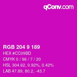 カラーコード: RGB 204 9 189 | qconv.com