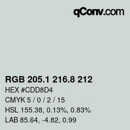 Color code: RGB 205.1 216.8 212 | qconv.com