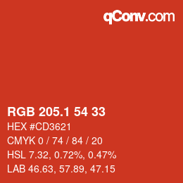カラーコード: RGB 205.1 54 33 | qconv.com
