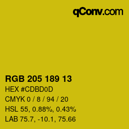 Color code: RGB 205 189 13 | qconv.com