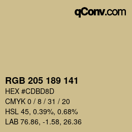 カラーコード: RGB 205 189 141 | qconv.com