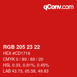 カラーコード: RGB 205 23 22 | qconv.com