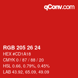 カラーコード: RGB 205 26 24 | qconv.com