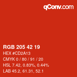 颜色代码: RGB 205 42 19 | qconv.com