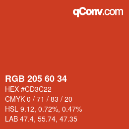 カラーコード: RGB 205 60 34 | qconv.com