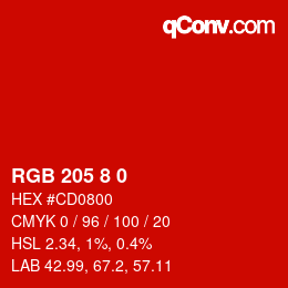 Color code: RGB 205 8 0 | qconv.com