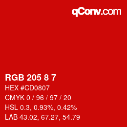 Color code: RGB 205 8 7 | qconv.com