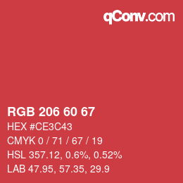 颜色代码: RGB 206 60 67 | qconv.com