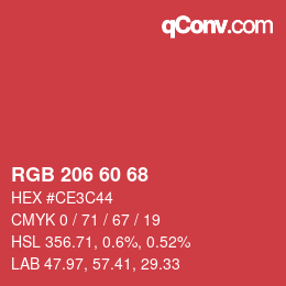 颜色代码: RGB 206 60 68 | qconv.com