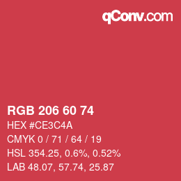 颜色代码: RGB 206 60 74 | qconv.com