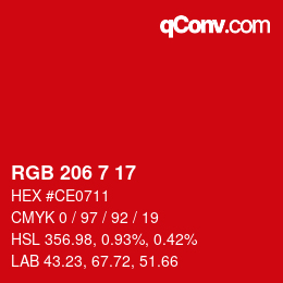 カラーコード: RGB 206 7 17 | qconv.com