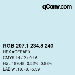 Color code: RGB 207.1 234.8 240 | qconv.com