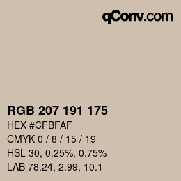 Color code: RGB 207 191 175 | qconv.com