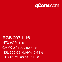 カラーコード: RGB 207 1 16 | qconv.com