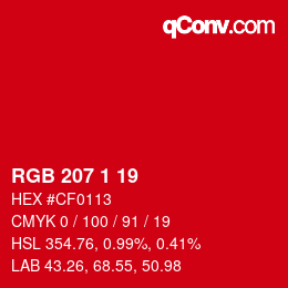 カラーコード: RGB 207 1 19 | qconv.com