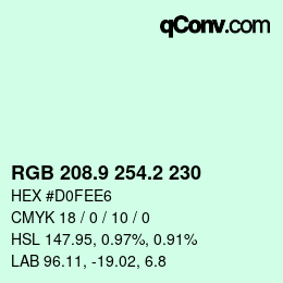 Color code: RGB 208.9 254.2 230 | qconv.com