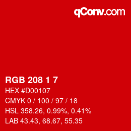 カラーコード: RGB 208 1 7 | qconv.com