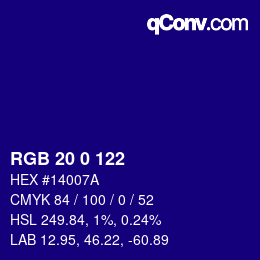 Farbcode: RGB 20 0 122 | qconv.com