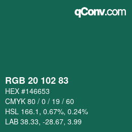 Color code: RGB 20 102 83 | qconv.com