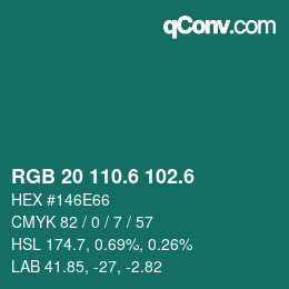 カラーコード: RGB 20 110.6 102.6 | qconv.com