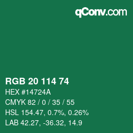 Color code: RGB 20 114 74 | qconv.com