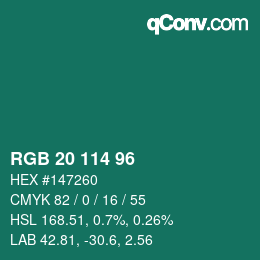 Farbcode: RGB 20 114 96 | qconv.com