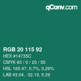 Color code: RGB 20 115 92 | qconv.com