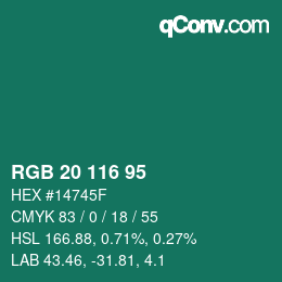 Color code: RGB 20 116 95 | qconv.com
