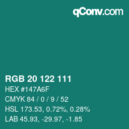 カラーコード: RGB 20 122 111 | qconv.com