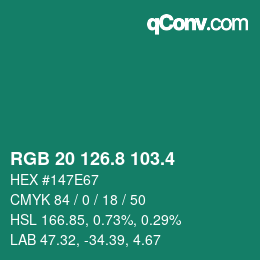 カラーコード: RGB 20 126.8 103.4 | qconv.com