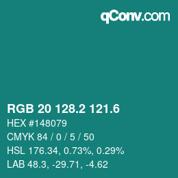 カラーコード: RGB 20 128.2 121.6 | qconv.com