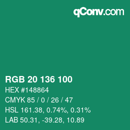 Color code: RGB 20 136 100 | qconv.com