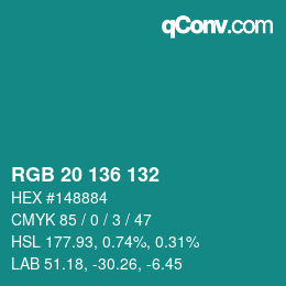 Color code: RGB 20 136 132 | qconv.com