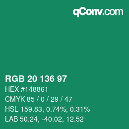 Color code: RGB 20 136 97 | qconv.com