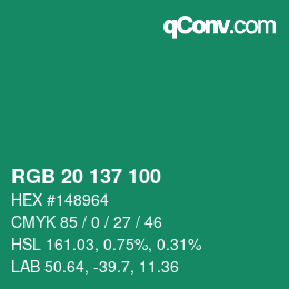 Color code: RGB 20 137 100 | qconv.com
