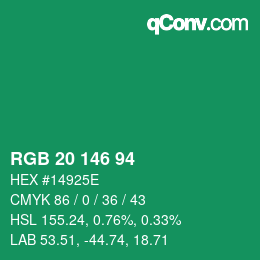 カラーコード: RGB 20 146 94 | qconv.com