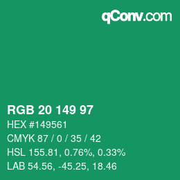 カラーコード: RGB 20 149 97 | qconv.com