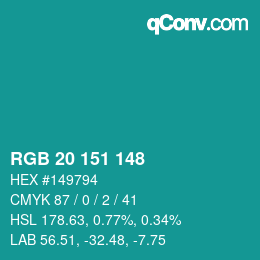 カラーコード: RGB 20 151 148 | qconv.com