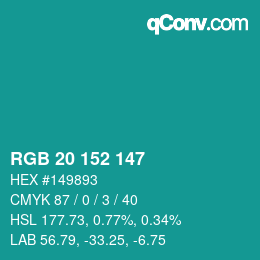 カラーコード: RGB 20 152 147 | qconv.com
