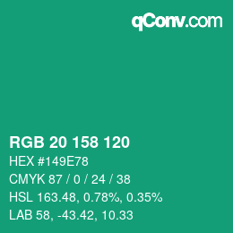 カラーコード: RGB 20 158 120 | qconv.com